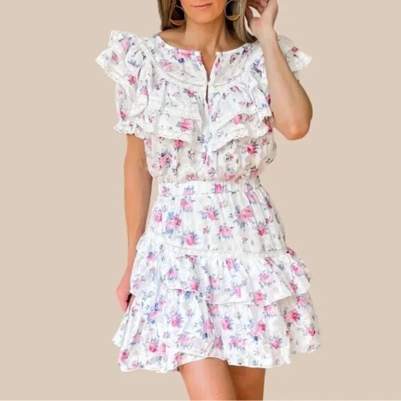 Fanco Women Size M White Floral Ruffle Tiered Crochet Cotton Mini Dress Pullover - Picture 3 of 15